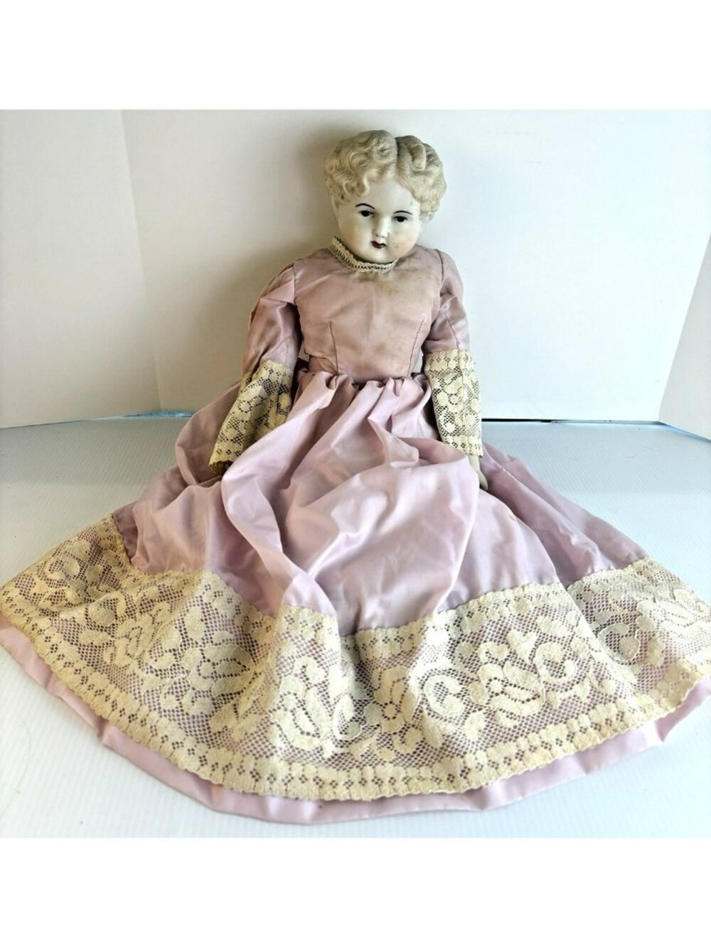 Porcelain Head Shoulder Cloth Body Antique Doll Victorian Pink Dress Lacy Estate